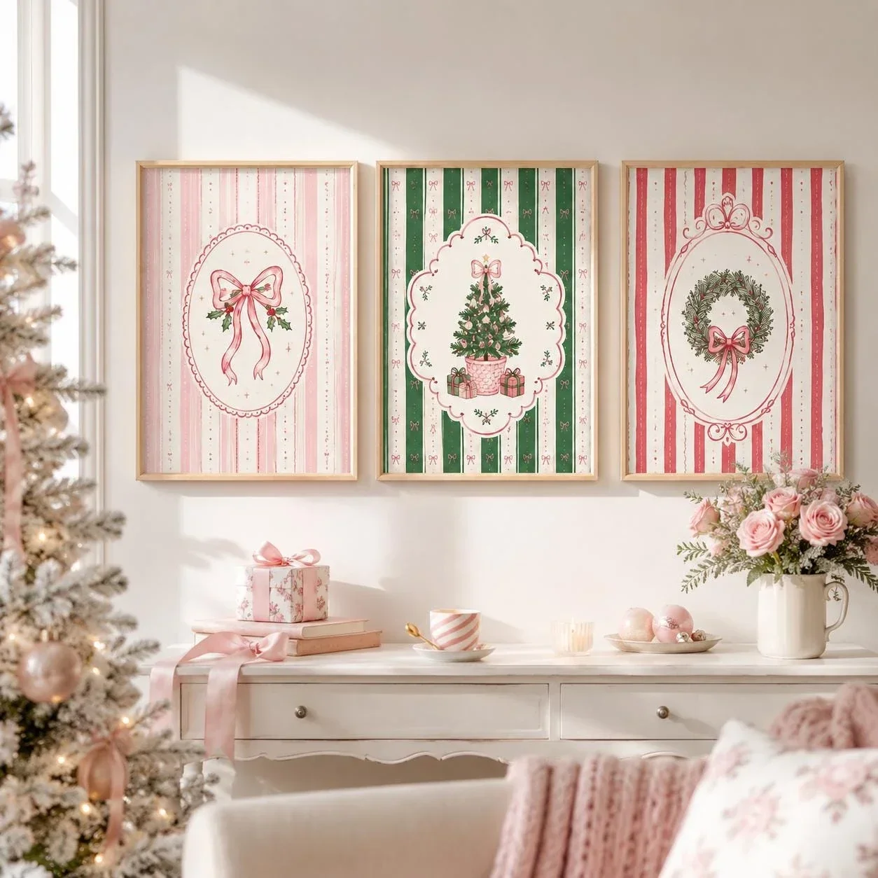 Multiple sizes 3pcs frameless Canvas Painting,Set of 3 Whimsical Christmas Print Classic Holiday Wall Art Holly Jolly Art Tradit
