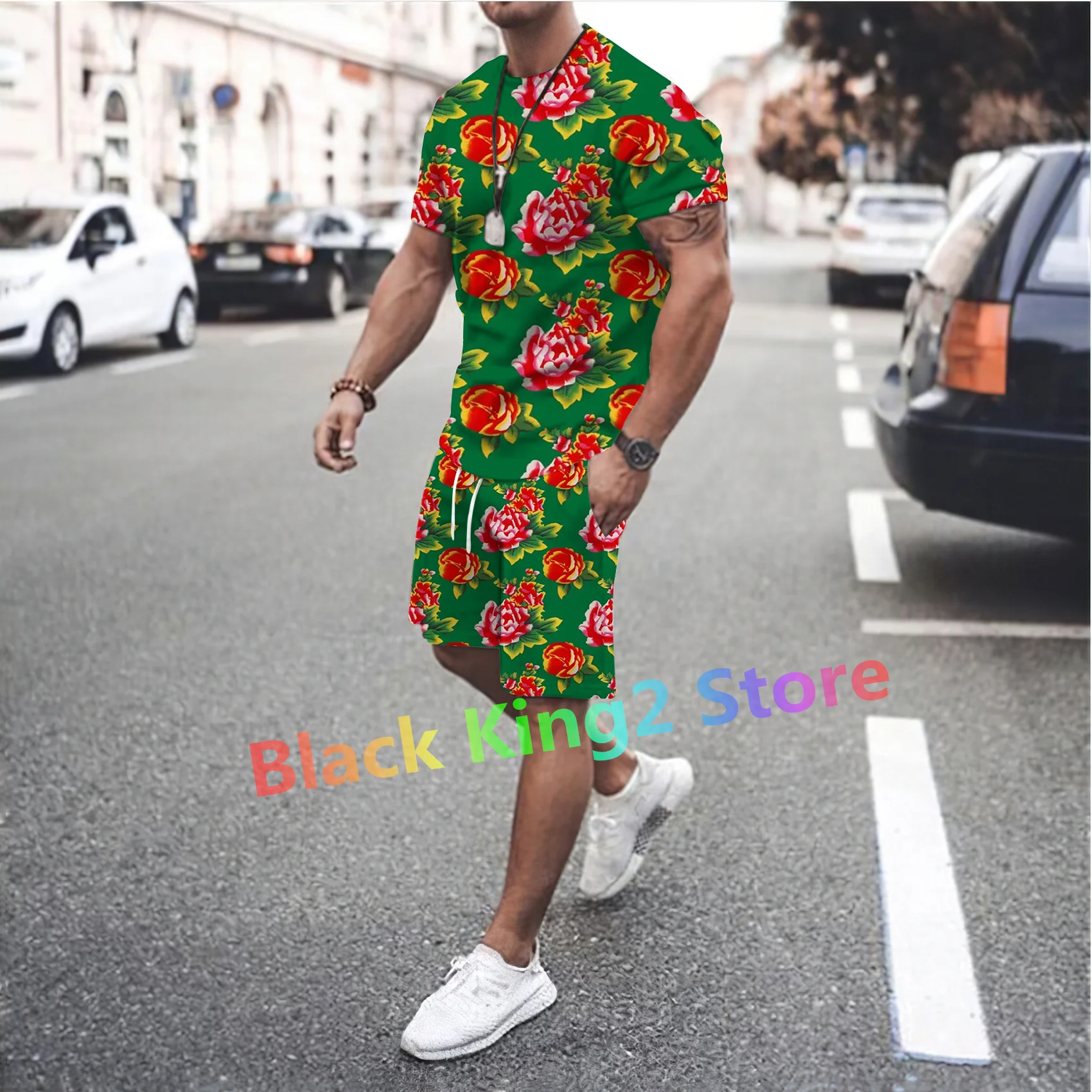 New Northeast Big Flower Design Clothing Chinese Style Men\'s Short Sleeve Suit Two-piece Set Women Tracksuit Trend Streetwear