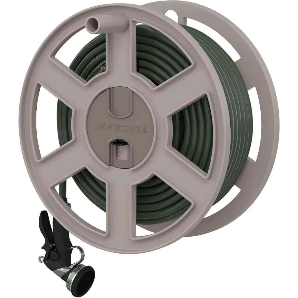 

Suncast 100ft Wall Mount Garden Hose Holder, Taupe, Heavy-Duty Resin Sidewinder, Manually Retractable, Open Space-Saving Storage
