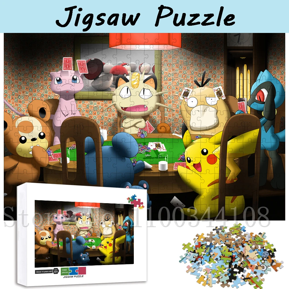 300/500/1000 Pieces Funny Pokemon Puzzles for Adults Pikachu Psyduck Playing Poker Jigsaw Puzzle Decompressing Assemble Game Toy