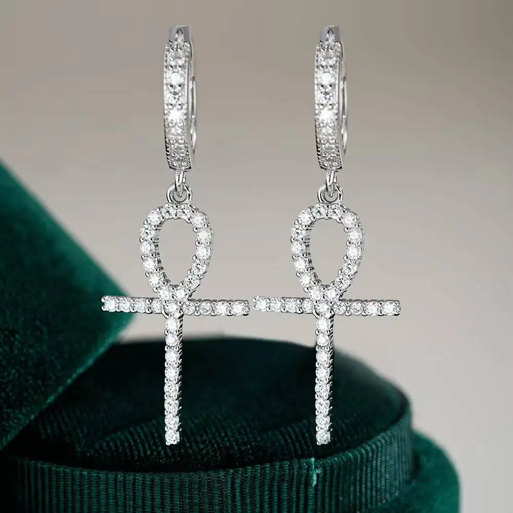 Hip Hop Cross Design D Color VVS Full Moissanite Round Brilliant Cut Diamond Solid 925 Silver Wedding Drop Earring for Women