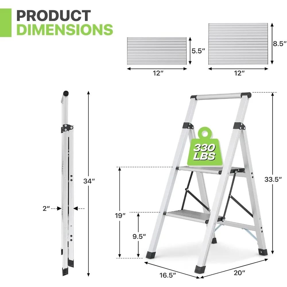 "brede antislip 2-staps aluminium vouwladder met handgreep voor thuis- en kantoorgebruik"