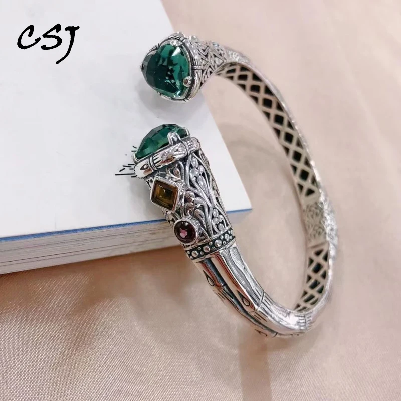 CSJ Vintage Green Quartz Bangle Sterling 925 Thai Silver Amethyst Crystal Gemstone Bracelet for Women Birthday Jewelry Gift