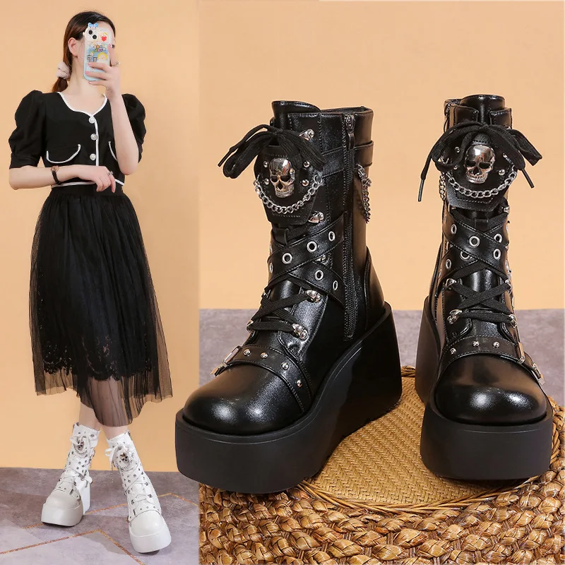 Women Punk Style Platform Ankle Boots Thick Sole Leather Buckle Strap Motorcycle Boots 9cm Chunky Skull Short Boots for Woman - view 3