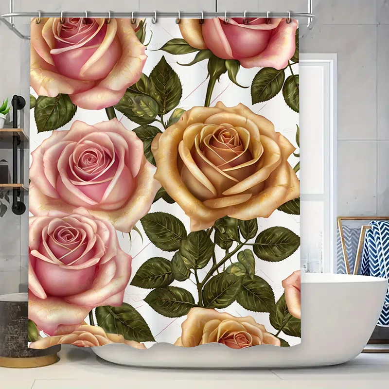 Pink Rose Shower Curtain 3D Printed Waterproof Bathroom Decor Artificial Flowers Plants Home Improvement