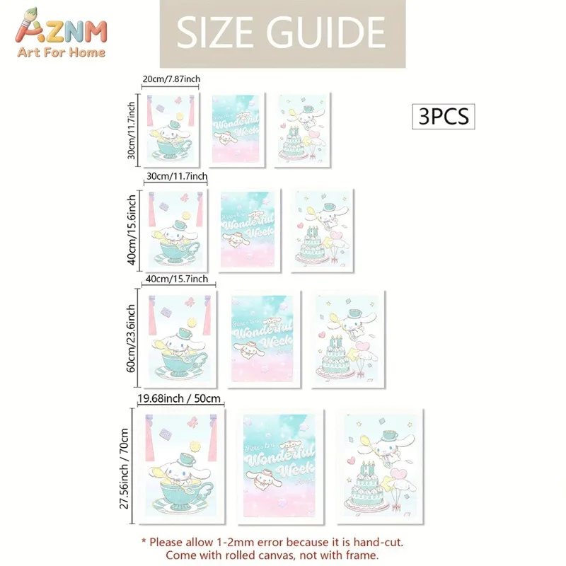 AZNM Unframed Canvas Wall Art Cinnamoroll Teacup Cake Wonderful Week Quote Sanrio Poster Mint Pastel Sky Style Girls Room Wall A