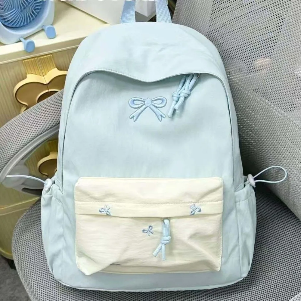 

Daypack Canvas Bow Backpack Embroidered Contrast Color Students School Bag Durable Scratch Prevention Large Capacity Backpack