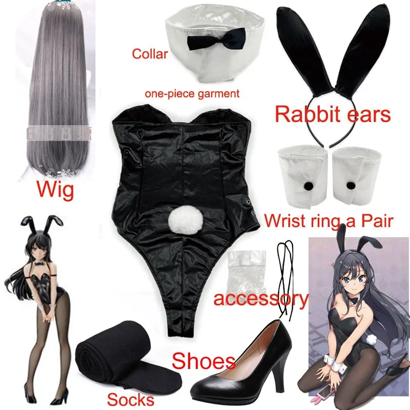

Sakurajima Mai Cosplay Costume for Bunny Girl Halloween Funny Costume Black Stockings High Heels 35-39 Code