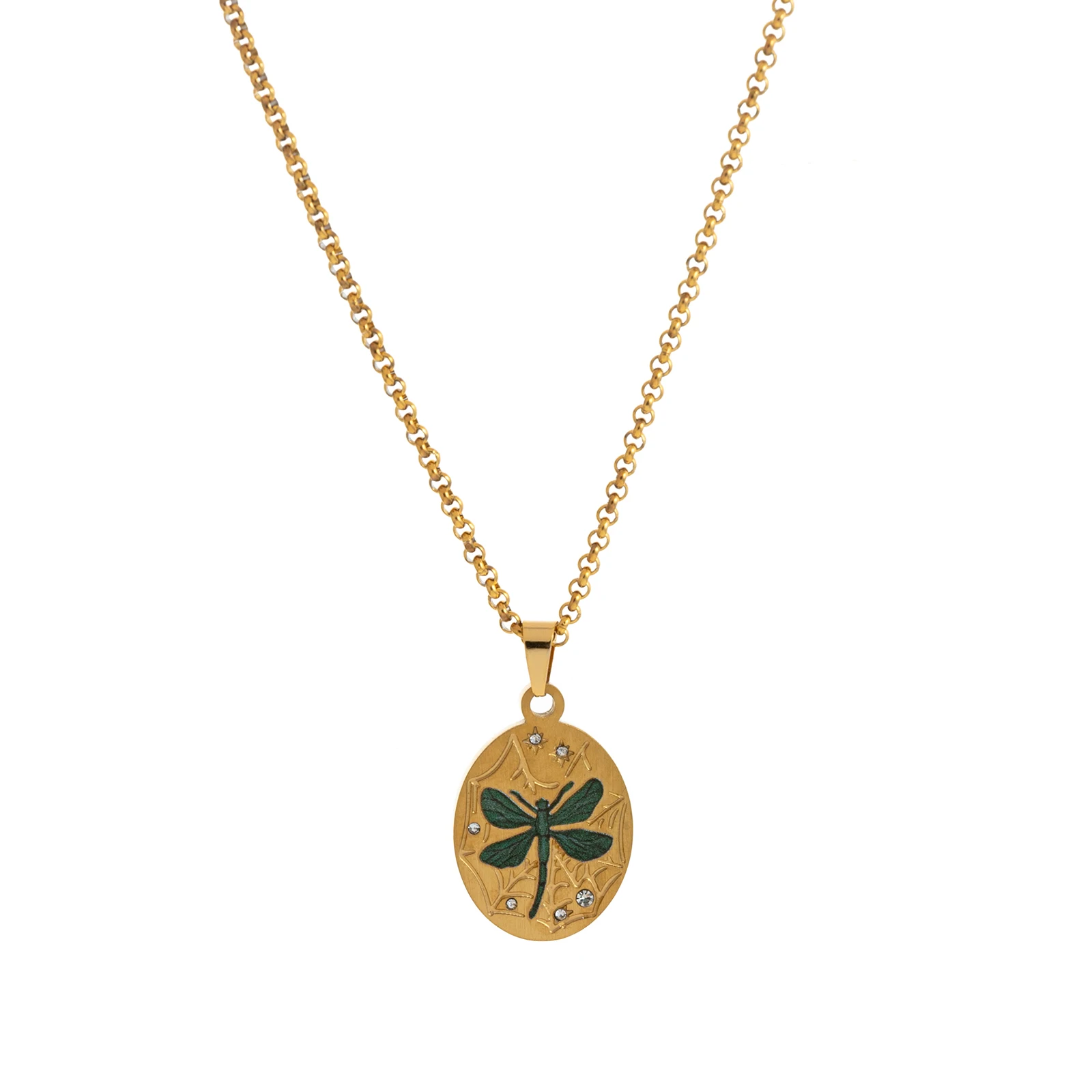 18K Vergoldete Edelstahl Vintage Ovale Anhänger-Halskette mit Emaille-Schmetterling und Libellen-Charm, Zierlicher Schmuck, Geschenk für Frauen – Detail 7