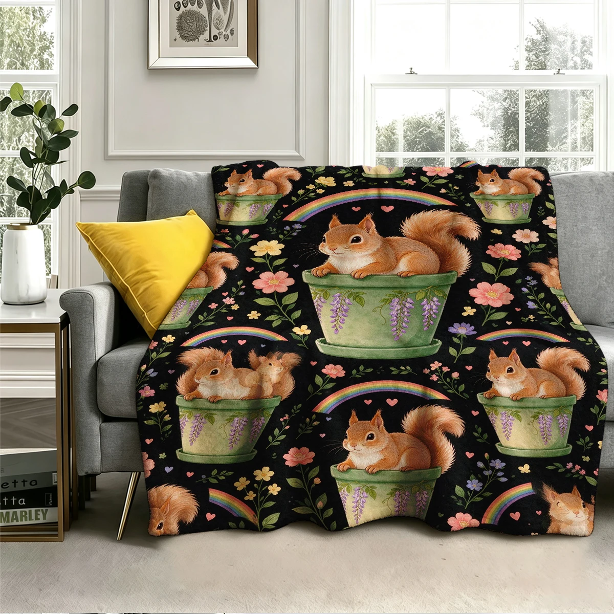 Squirrel Green Pot Rainbow Flannel Blanket Warm Soft Halloween Christmas Decorative Couch Warm Cozy All-Season Gift