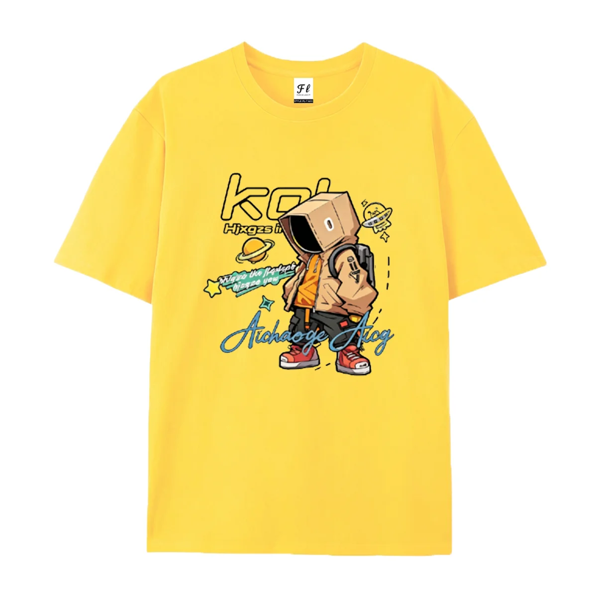 Men Short Sleeve T Shirt Paper Bag Head Cartoon Character Space UFO Graphic Print Casual Tees Round Neck Soft Cotton Streetwear