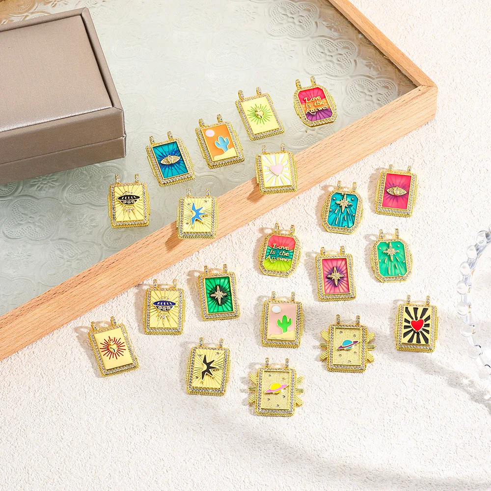 3 copper retro square dripping oil love starfish desert spaceship eyes tarot pendant DIY necklace jewelry accessories production