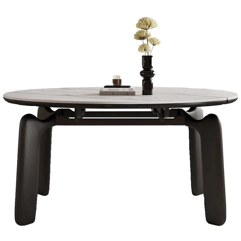 

Medieval Folding Solid Wood Slate Dining Table Cream Retro Black American French Retractable Variable Round Table