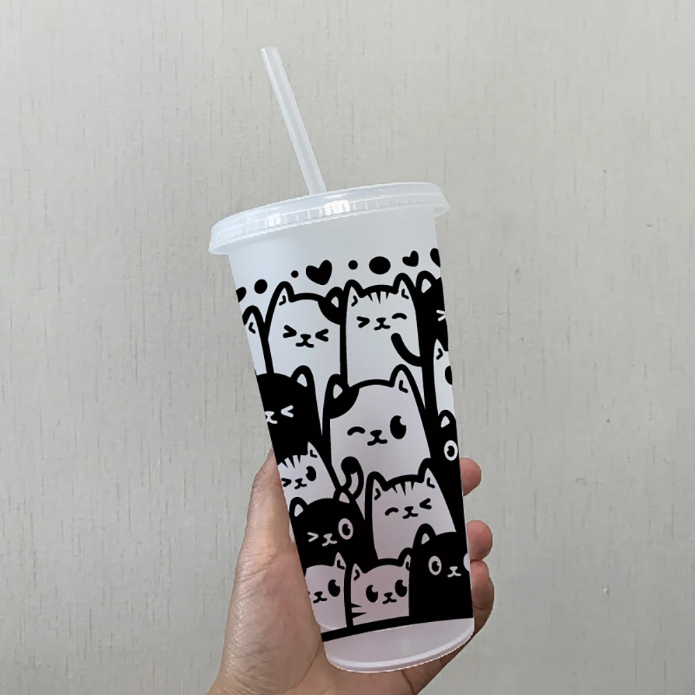 Cute Cat Vinyl Sticker 710ml Reusable Straw Cold Cup Decals Decor Waterproof Removable Decal Lovely Cat Stickers Gifts For Her