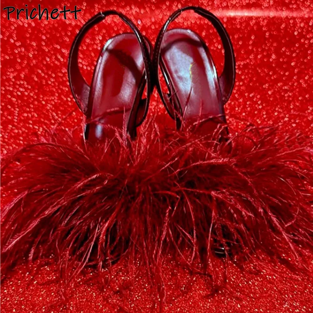 

Feather Burgundy Leather Sandals Round Toe High Heels Slingback Back Strap Runway Shoes Luxury Summer Sexy Dress Shoes