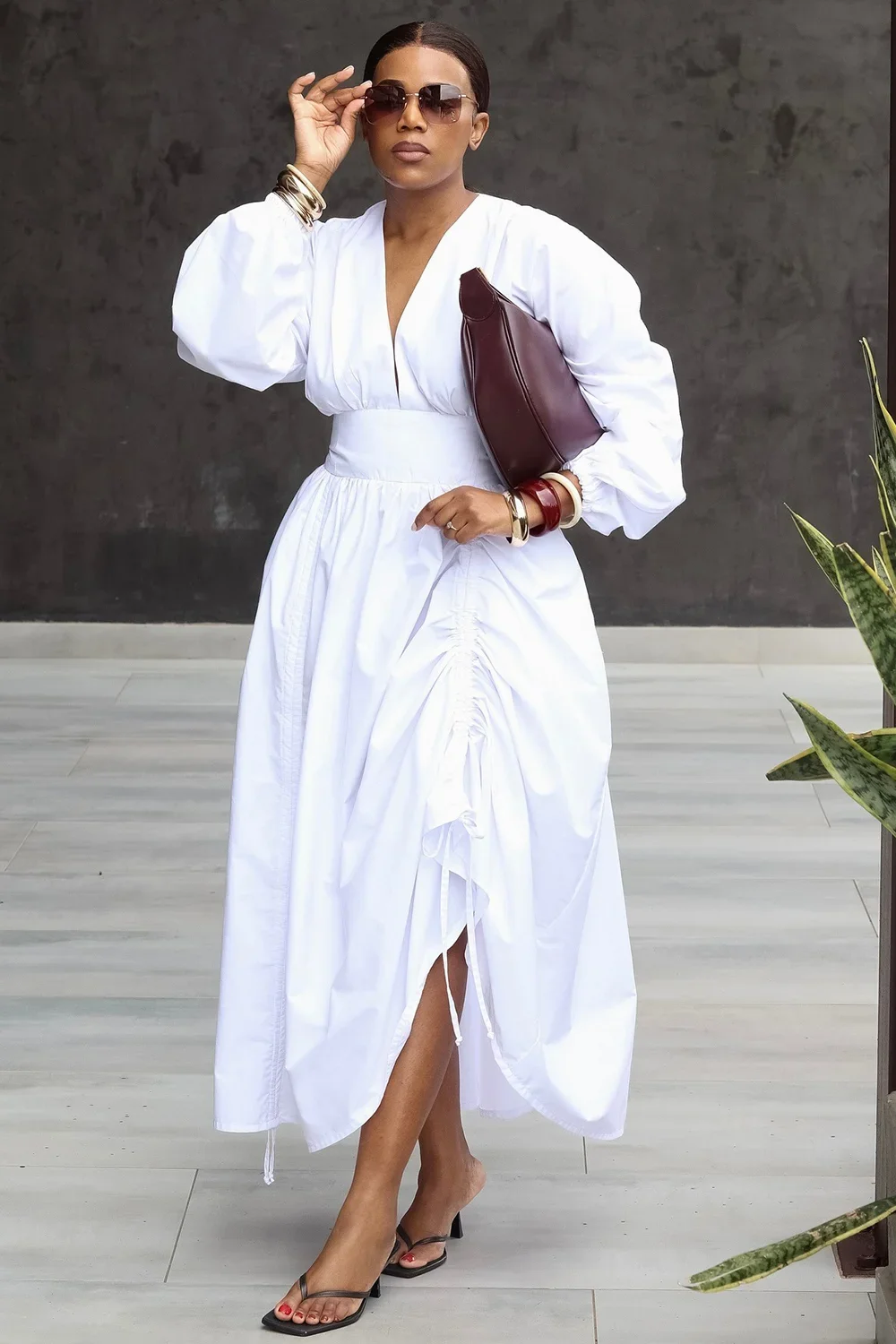 Deep V Puff Sleeve Midi DressGathered Waist Drawstring Ruched Split Hem Dress Elegant Casual Maxi Plus Size Dress for Women