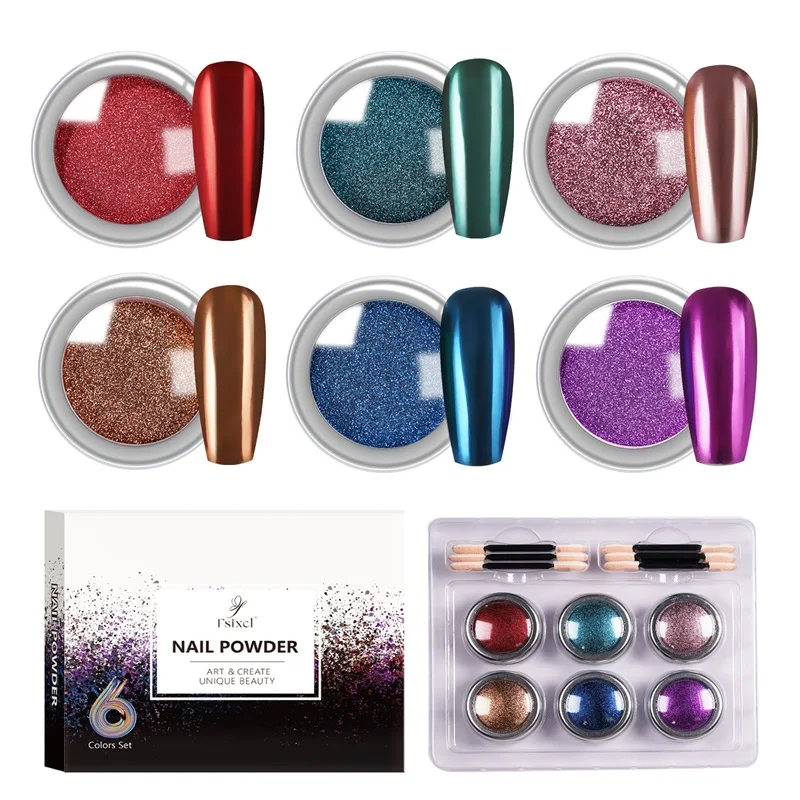 

FSIXCL 6 Colors Set Iridescent Nail Chrome Powder Metallic Mirror Effect for Nail Art Decoration Glitter Rubbing Pigment