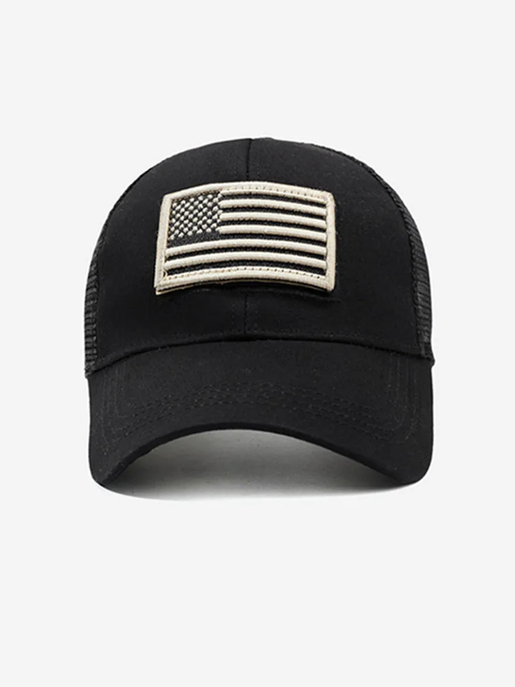 Outdoor-Trucker-Kappe für Herren mit gesticktem Flaggen-Tarnpflaster und Klettverschluss – Detail 4
