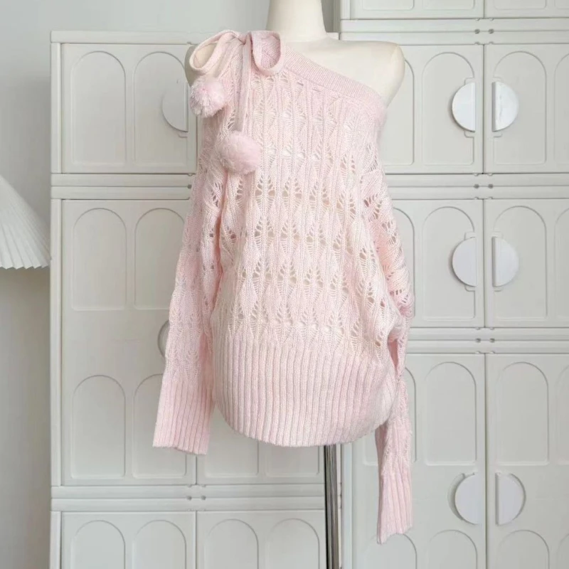 ディープタウン甘いセクシーな中空ニットプルオーバー女性オフショルダー和風エレガントなセーターかわいいロリータレースアップジャンパー