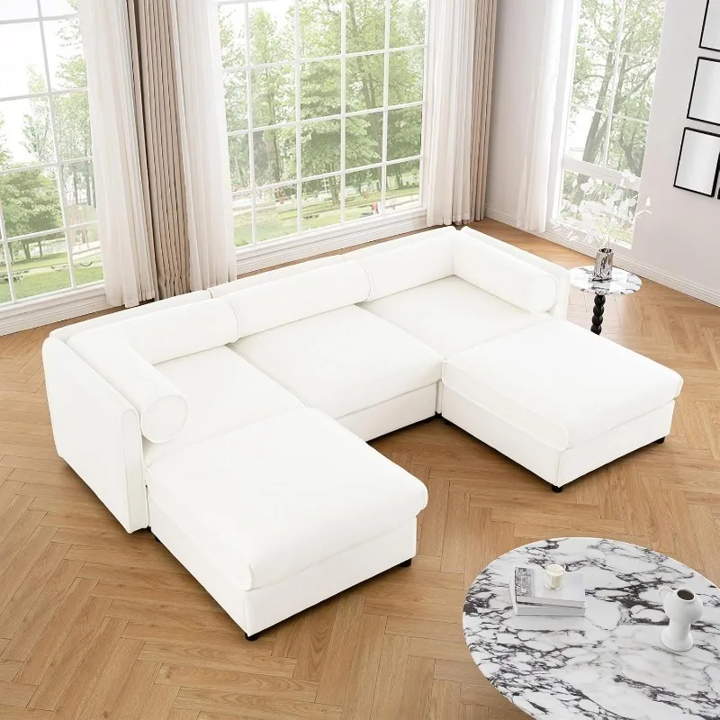 

Seat Chenille U Shape Storage Seat with 2 Ottoman,Cylindrical Backrest & Armrest Design,Modern 3-Seater Sectional Cou