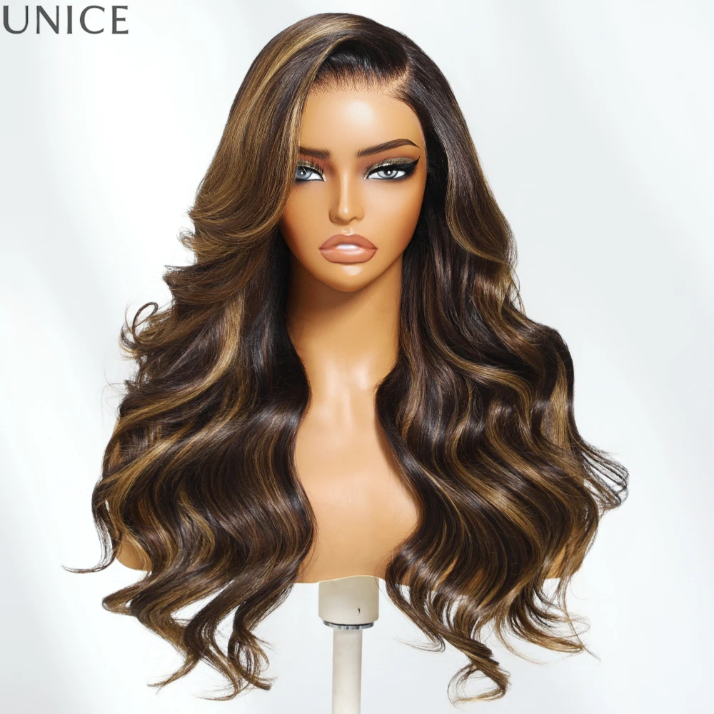 UNICE Brown Mixed Blonde Highlight Body Wave Wig Left Side Part 7x5 Lace Glueless Human Hair Drawstring Wig 150% Density