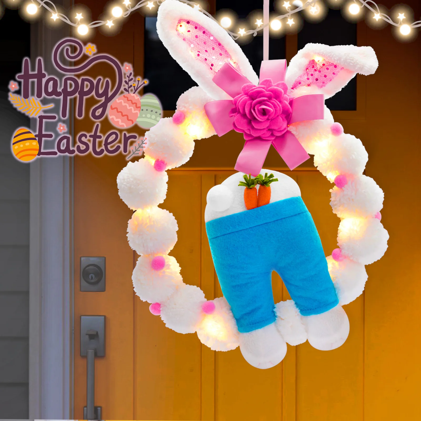 

New Easter Bunny Plush Hanging Ornament with Lights Rabbit Ears Door, Wall, or Window Display Cute Gift Wreath