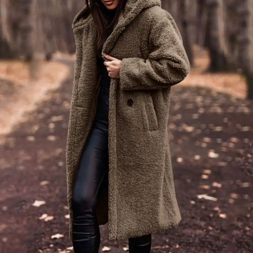 Women Long Coat Solid Color Hooded Coat Winter Autumn Single-Button Plush Coat Lapel Double Breasted Long Cardigan Female Top