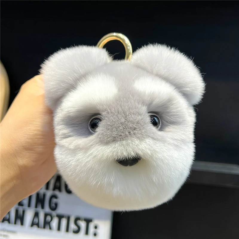 Cute Small Dog Real Rex Rabbit Fur Keychain Plush Ball Women Bag Pendant Car Keyring Jewelry Metal Ring Trinkets Kids Toy Gift