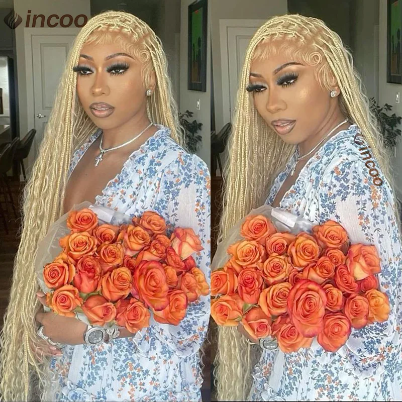 613 Blonde Bohemian Box Braids Wigs Full Lace Front Wigs Knotless Braided With Curly Synthetic Hair Wig Goddess Locs Braided Wig