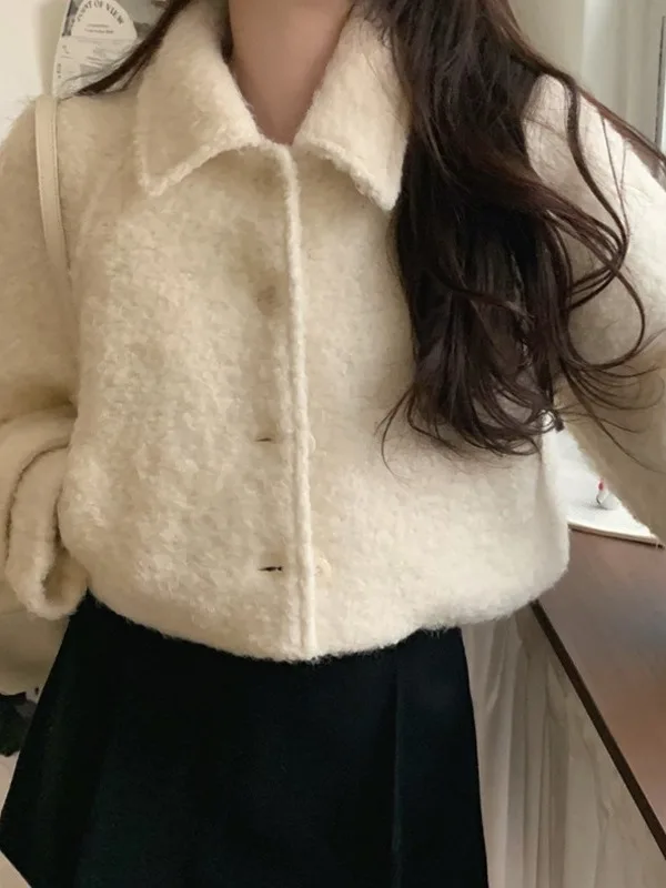 

Зимнее шерстяное пальто, женское шикарное пальто на хлопковой подкладке, мягкий молочный цвет, топ на одной пуговице, корейская верхняя одежда свободного покроя