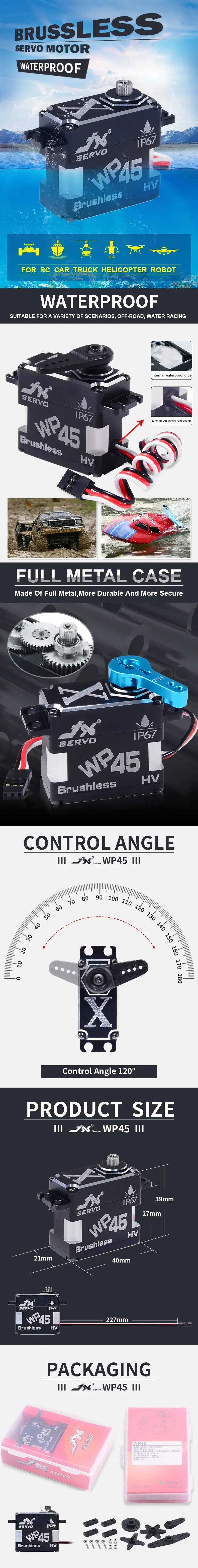 JX WP45 45kg IP67 Servo brushless impermeabile Full Metal Gear Guscio CNC ad alta precisione per applicazioni industriali robot UAV RC