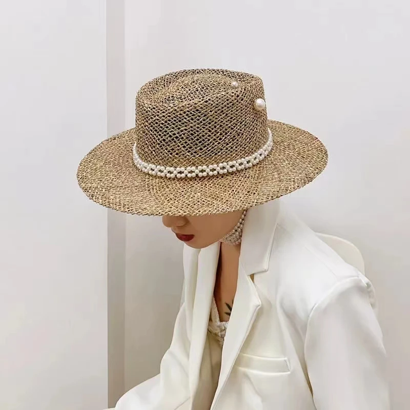 

202502-shi New Summer straw hat pearl pin women's summer seaside sunshade hollow groove flat top straw hat sombrero 여성모자