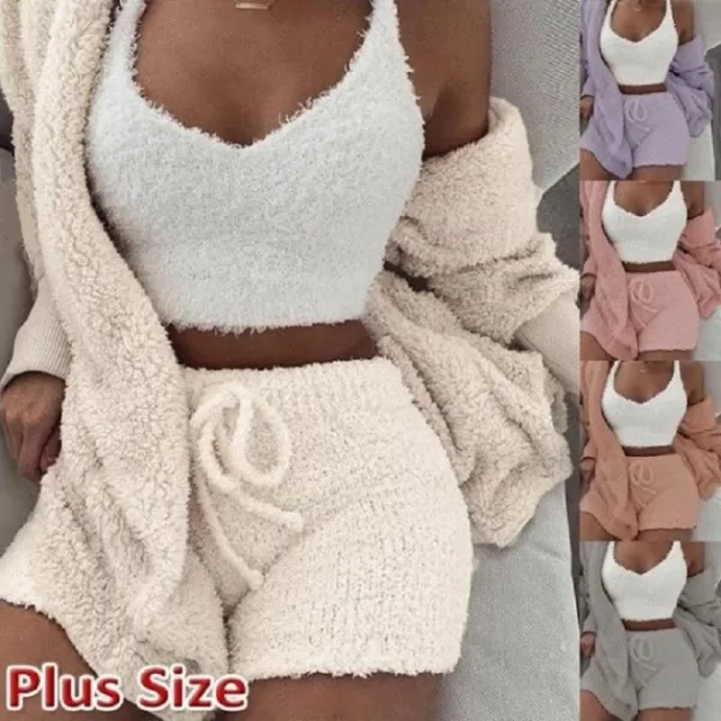 3 sztuk/zestaw zagęszczona ciepła bielizna nocna zimowa damska długa pluszowa kamizelka z długimi rękawami odkrywająca spodenki Student Homewear solidna moda