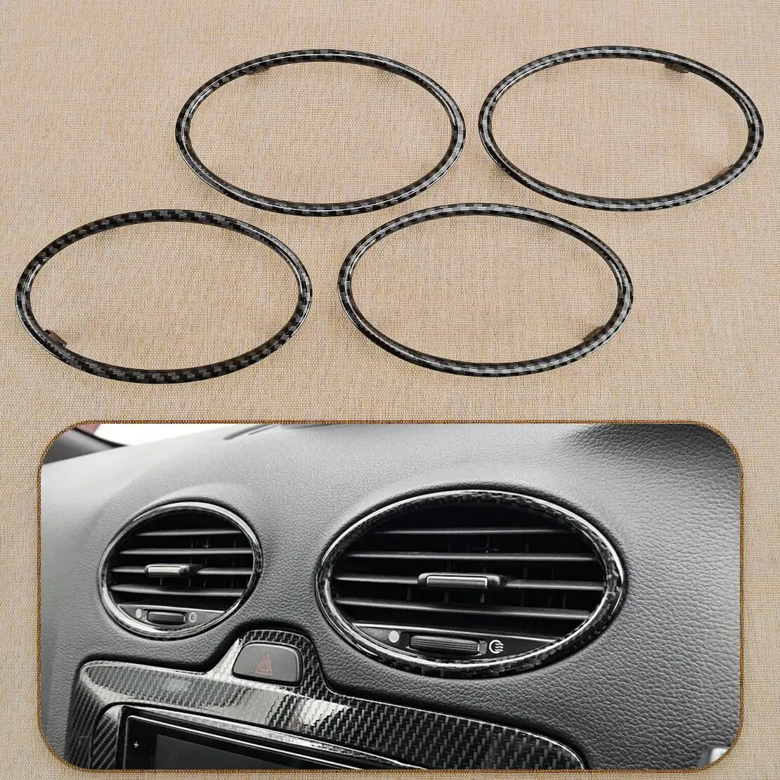 4Pcs Air Outlet Vent Trim Decoration Circle Fit For Ford Focus 2005-2008 2009 2010 2011 Carbon Fiber Texture ABS 4M51A014L21AE