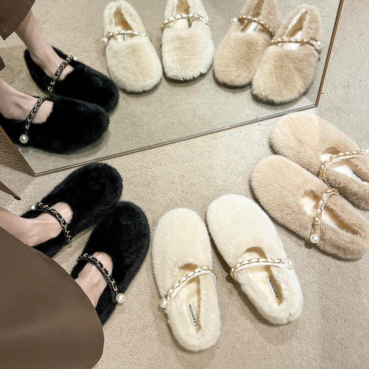 Women's Winter Warm Fluffy Hairy Pearl metal chain decoration Boots Plush Comfortable Soft Soled buckle strap Cotton Flats Shoes