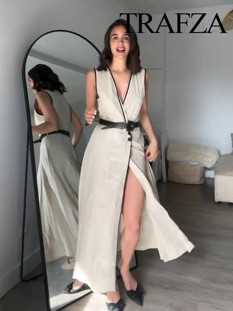 

TRAFZA Women Elegant V-Neck Sleeveless Single-Breasted Belted Blend Open-lined Embellished Dresses Woman Summer Party Midi Dress