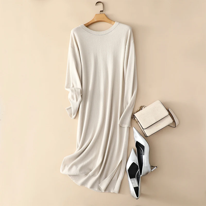 autumn winter bc new knitted 100% cashmere long elegant loose casual sweater dresses