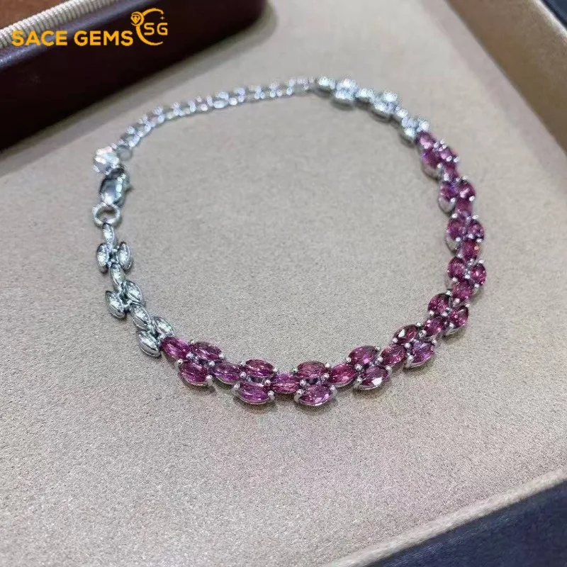 

SACEGEMS New 925 Sterling Silver 2.5*5MM Natual Garnet Gemstone Bracelrts for Women Engagement Cocktail Party Fine Jewelry Gifts