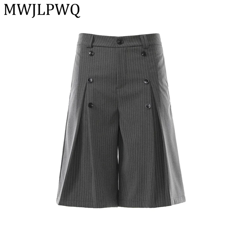 

Мужские шорты MWJLPWQ в американском ретро-стиле с вертикальными полосками, летние, модные, двубортные, плиссированные, с широкими штанинами, модель 14935