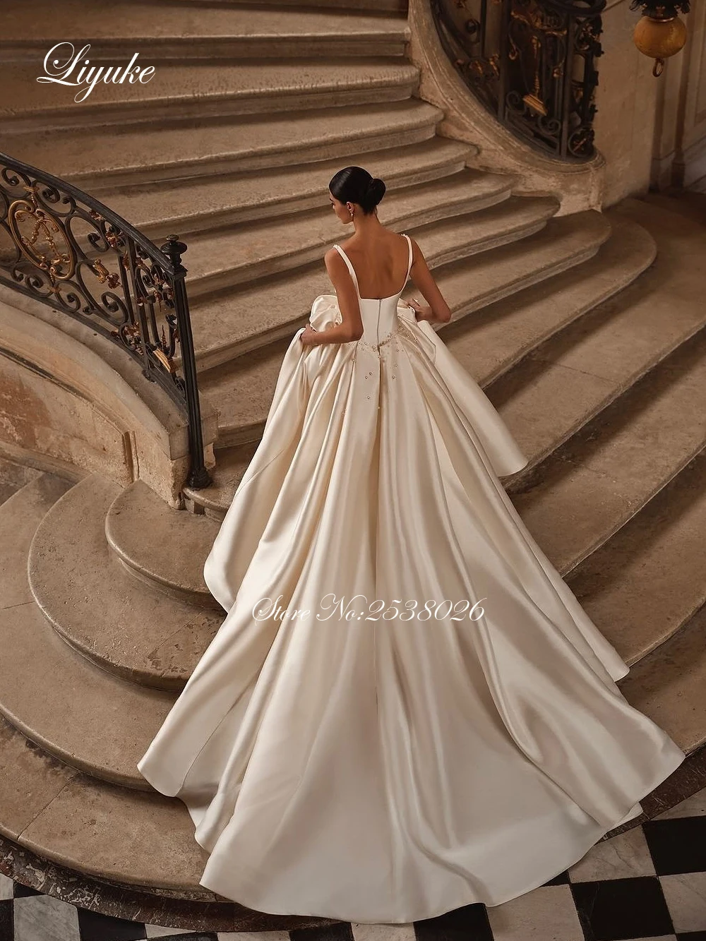 Liyuke Customize Made Luxury Satin Ball Gown Wedding dresses Spaghetti Straps Beading Pearls Elegant Bridal Gowns