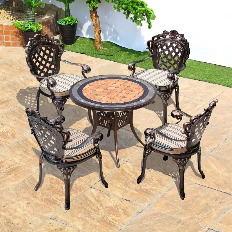 Outdoor Cast Aluminum Ceramic Tile Table Leisure Courtyard Tables and Chairs Waterproof Round 90cm Dining Table Furniture Set