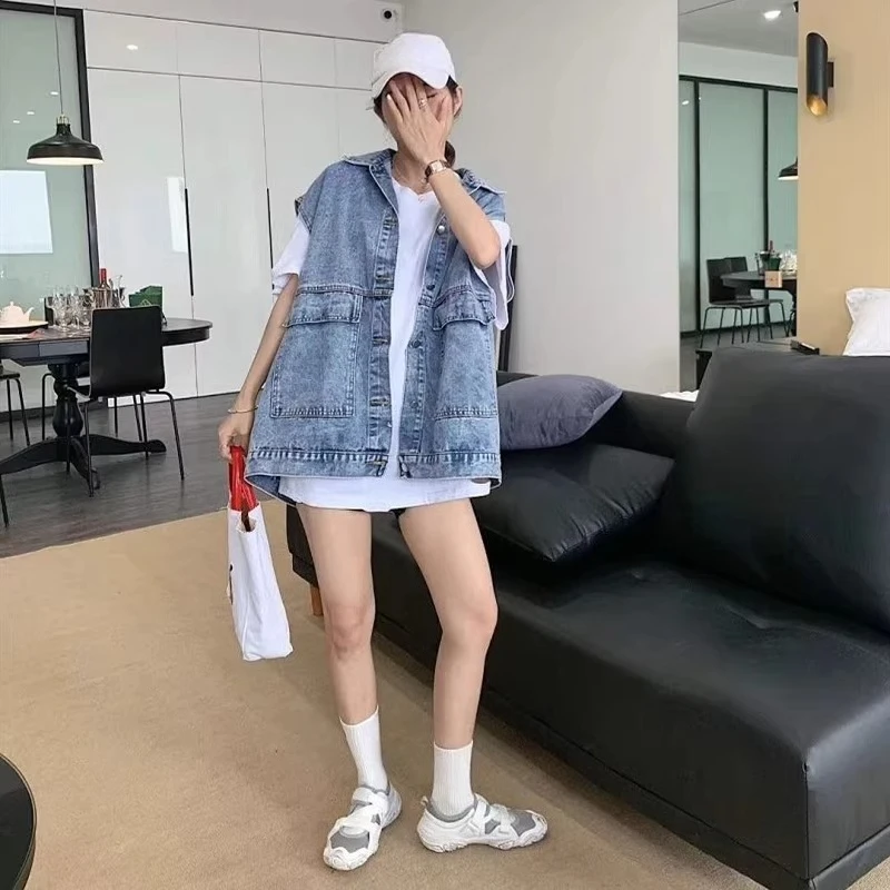 Casual Denim Vest Women's Spring Loose Beads Cartoon Versatile Tooling Sleeveless Waistcoat Large Pocket Single-breasted Jacket
