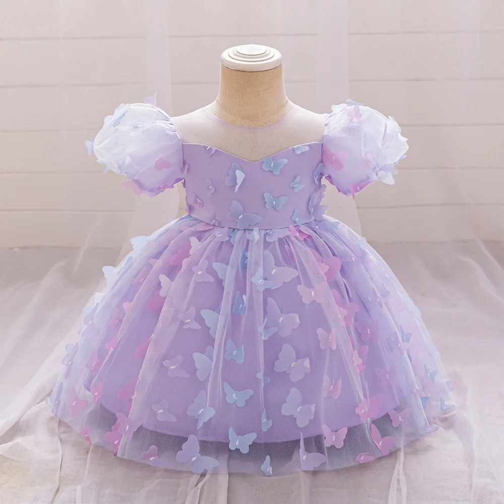 Toddler Girls Summer Party Dresses 3D Butterfly Puff Sleeve Infant Baby 1Year Birthday Gown Baby Girl Wedding Evening Vestidos