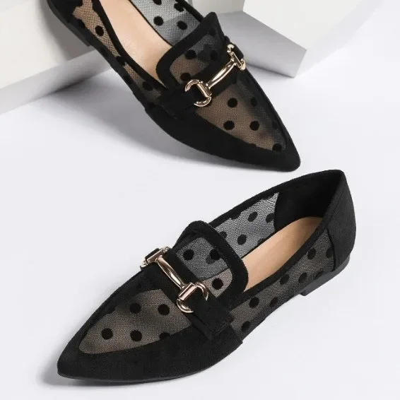 Pointed flat bottom polka dot mesh women's shoes large size 41-43 single shoes spring and summer hollow breathable sandals
