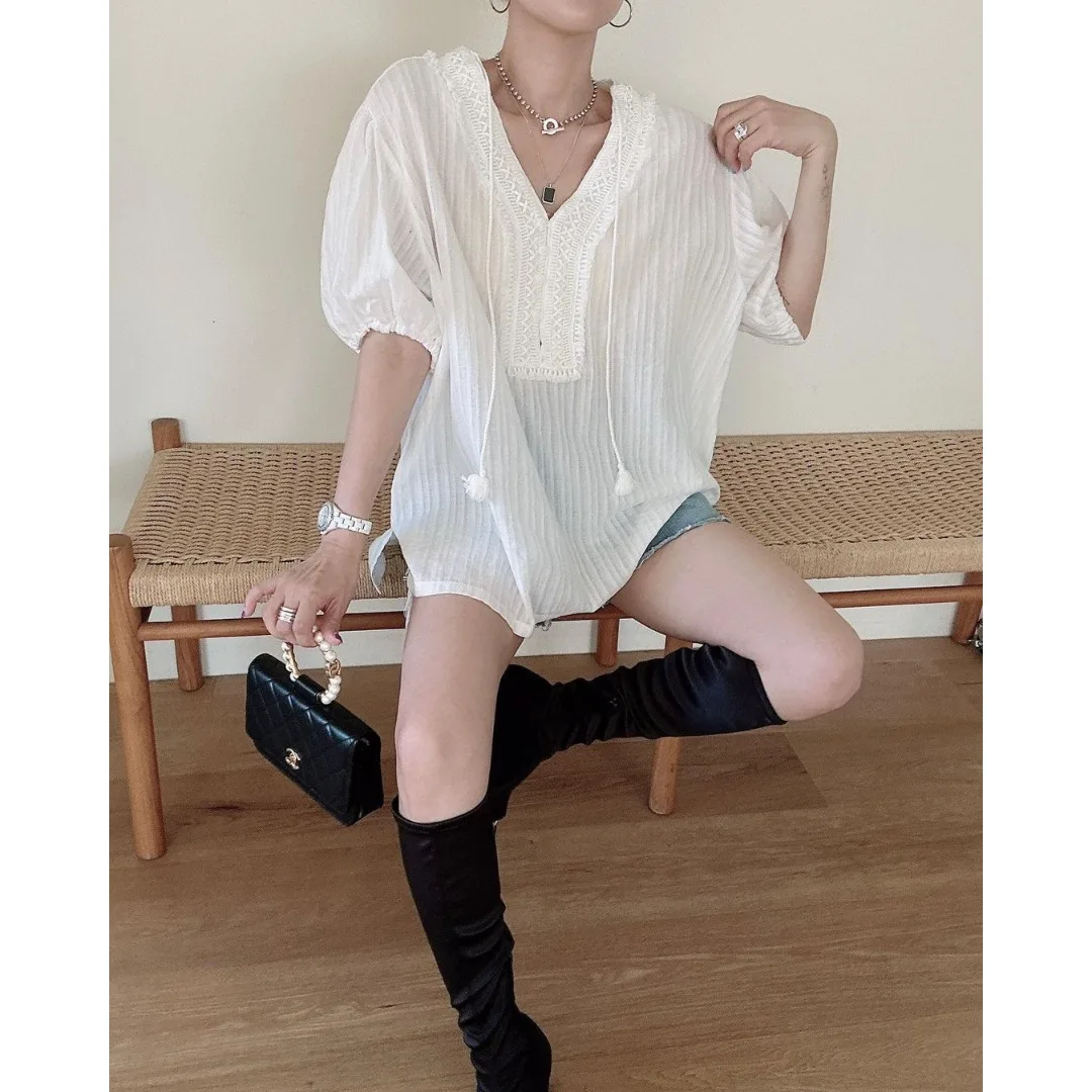 

Black White Lace Trim Splice Short Sleeve Top Korean Style Spring Autumn Winter Casual Wear School Street Style Outdoor
