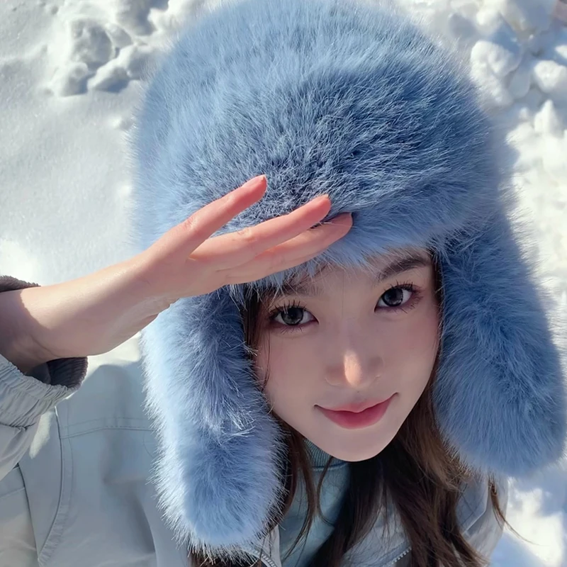 

Plush Lei Feng Hat for Women's Winter Thickened Warm Ear Protection Hat Imitation Mink Fleece Long Fur Locomotive Hat