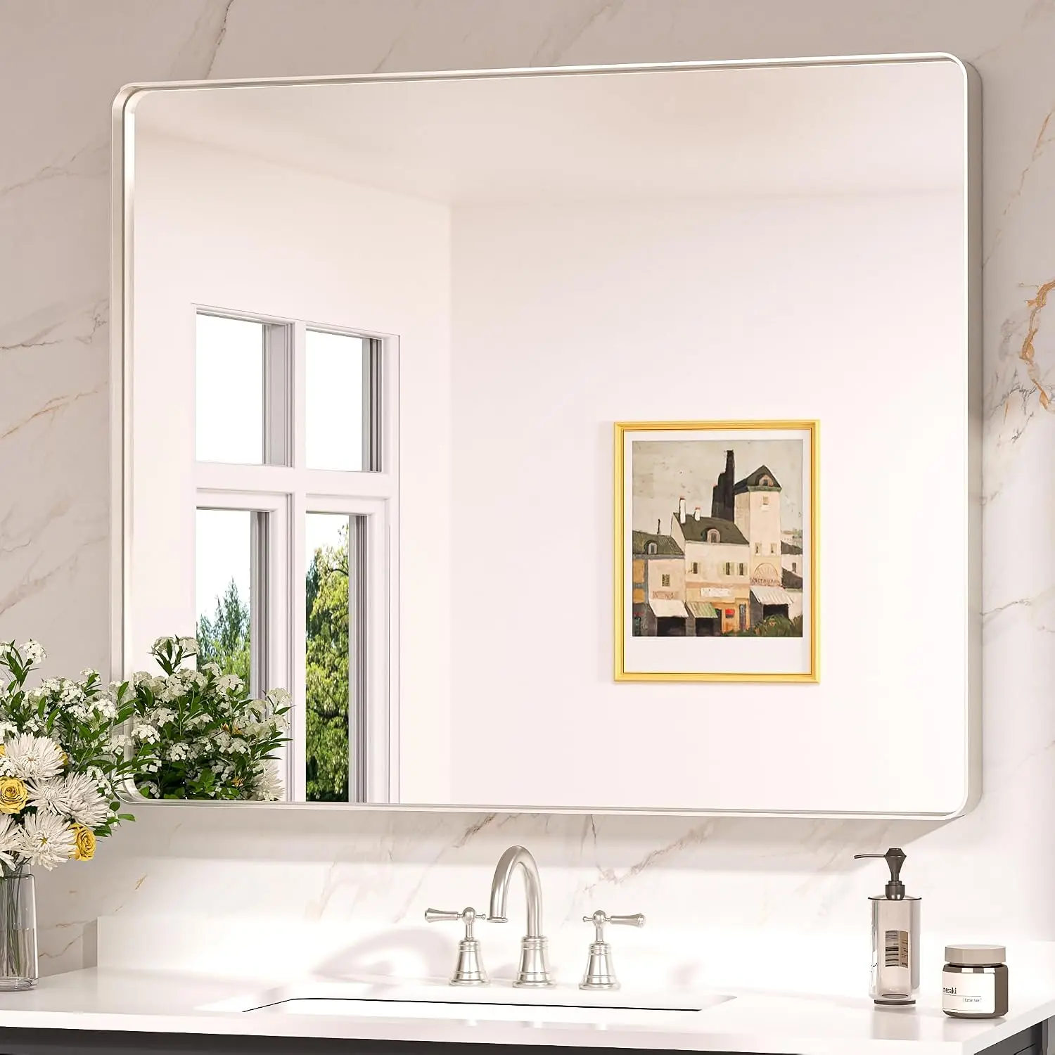 42 X 36 Inch Brushed Nickel Vanity Mirror Rounded Rectangle Tempered Glass Silver Bathroom Over Sink Rust Resistant Aluminum Fra