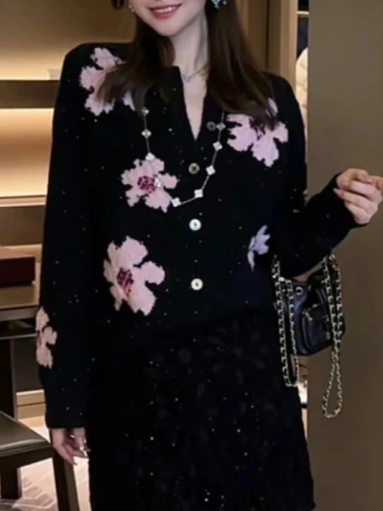 

Ретро-кардиган с вышивкой пайетками и цветами, вязаный, свободного кроя, для женщин, модный, роскошный, повседневный, с длинными рукавами