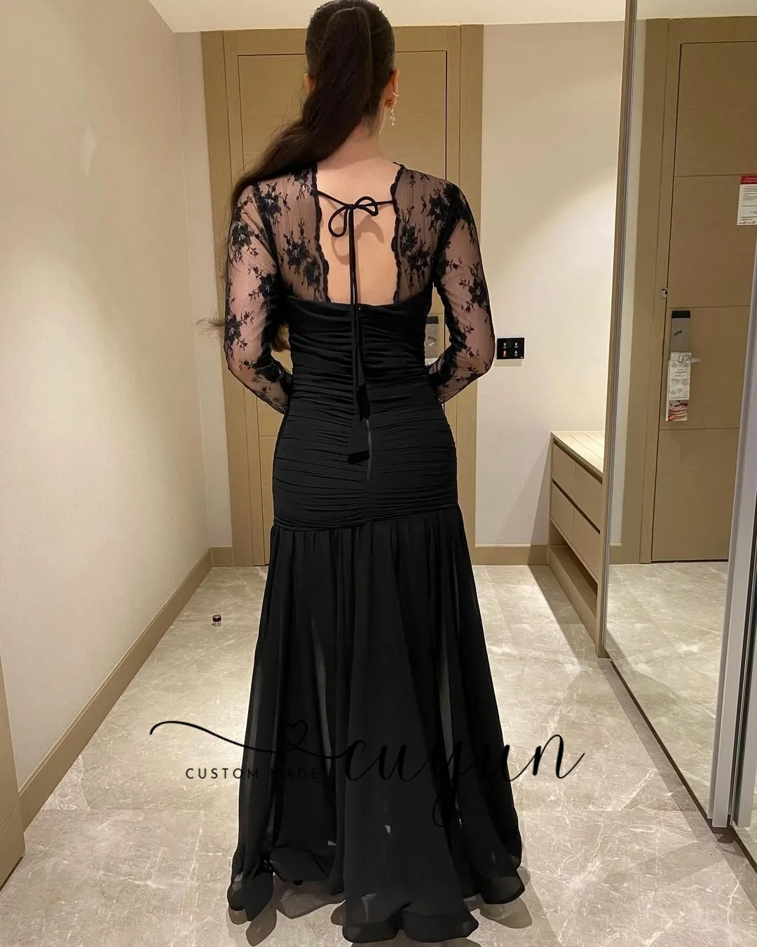 CUYUN Customized Black Prom Dresses 2026 Woman Lace Patchwork Long Sleeves Elegant Party Dresses for Special Occasion Dinner