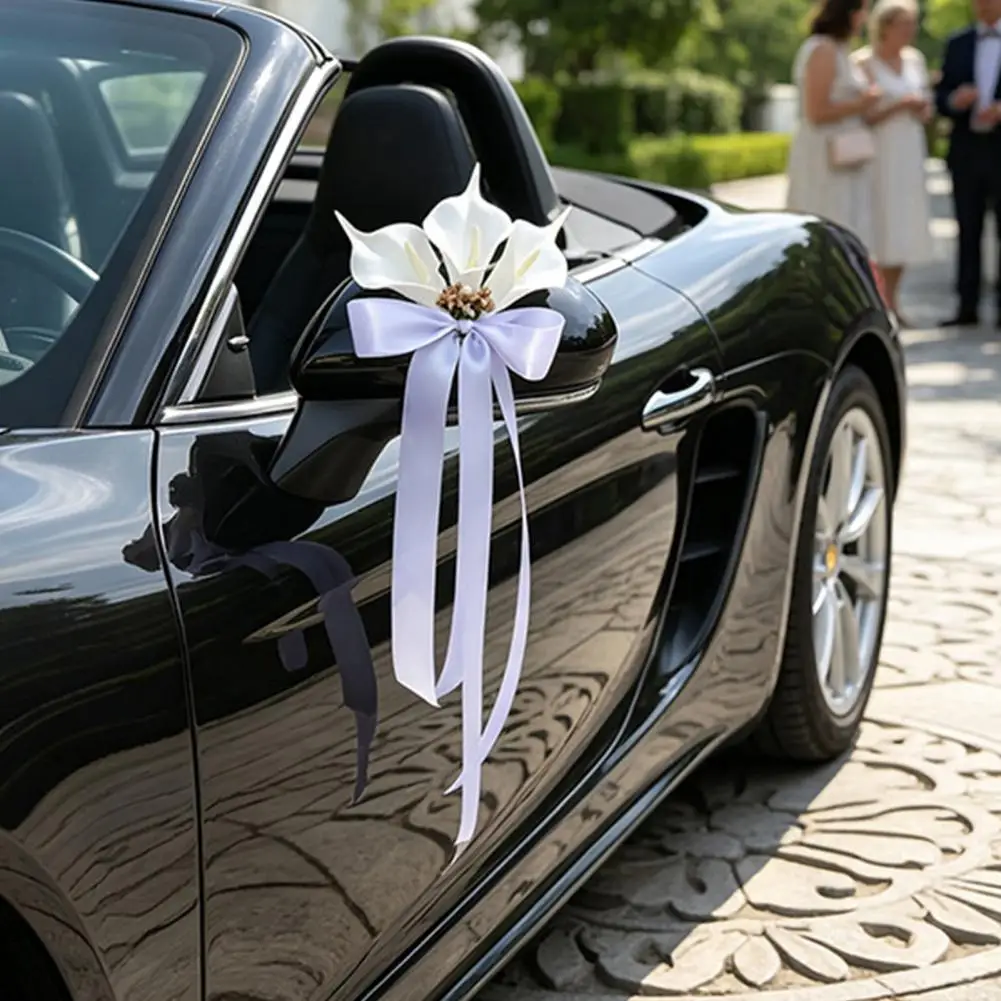 White Artificial Calla Lily Wedding Car Decorative Flower Bouquet with Ribbon Just Married for Door Handles Rearview Mirrors Use